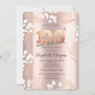 Boho Pampas Flowers Rose Gold 100th Birthday Invitation