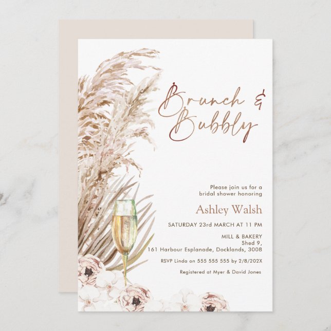 Boho Pampas Glass Brunch Bubbly Bridal Shower Invitation (Front/Back)