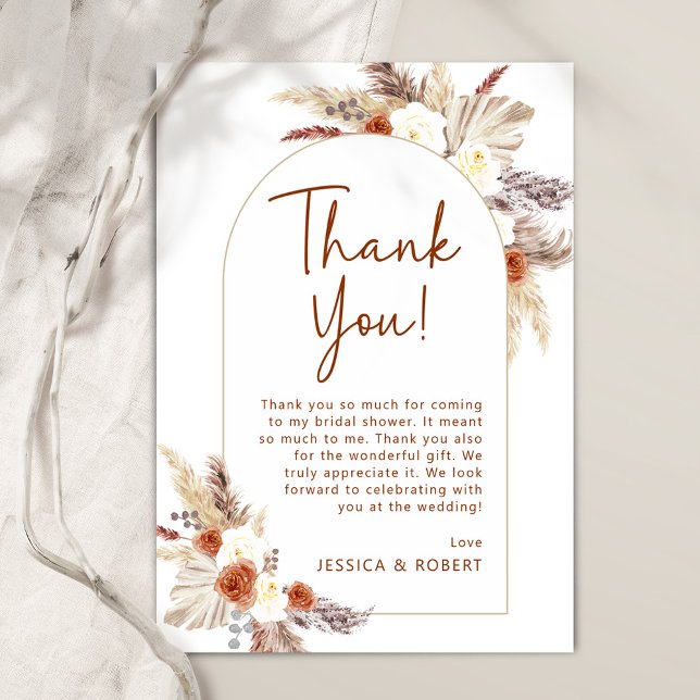 Boho Pampas Gras Terracotta Bridal Shower Thank You Card (Creator Uploaded)