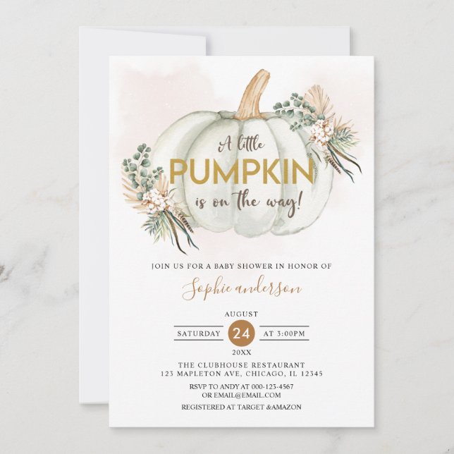 Boho Pampas Grass A Little Pumpkin Baby Shower Invitation (Front)