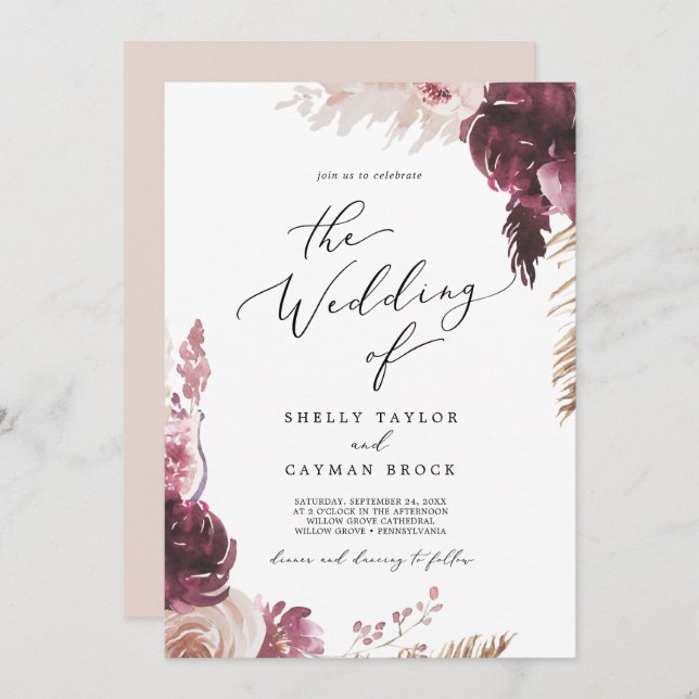 Boho Pampas Grass All In One Wedding Invitation (Front/Back)