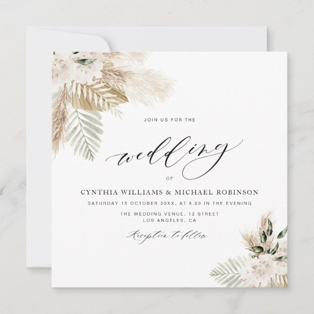 boho pampas grass and greenery wedding invitation (Front)