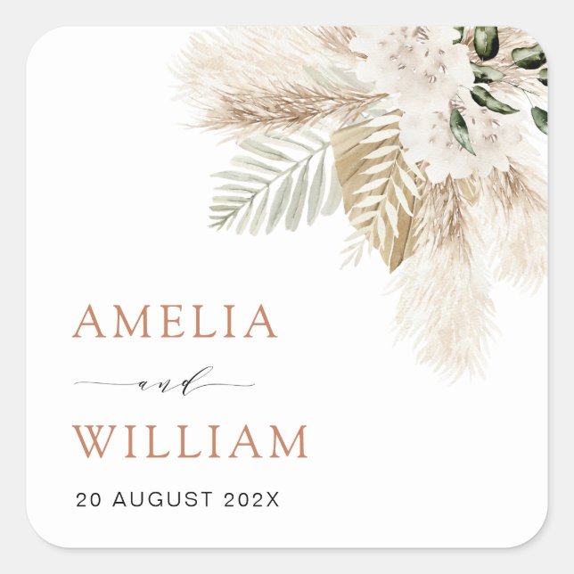 boho pampas grass and greenery wedding square sticker (Front)