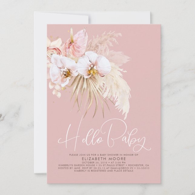Boho Pampas Grass and Tropical Flowers Baby Shower Invitation (Front)