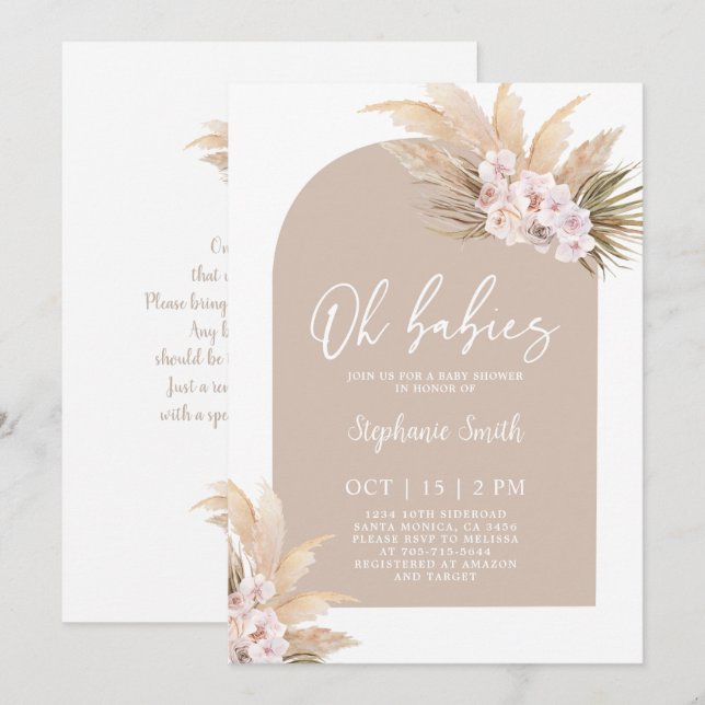 Boho Pampas Grass Arch Baby Shower Twin Girls Invitation (Front/Back)