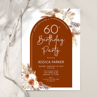 Boho Pampas Grass Arch Terracotta 60th Birthday Invitation