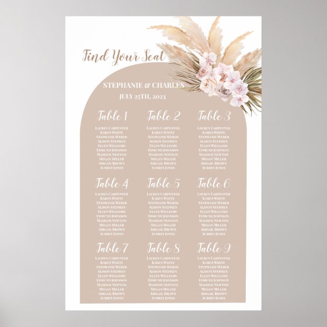 Boho Pampas Grass Arch Wedding Seating Chart (Front)