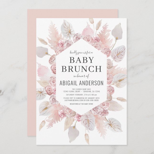 Boho Pampas Grass Baby Brunch Elegant Invitation (Front/Back)