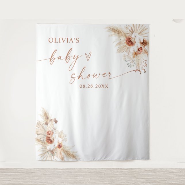 Boho Pampas Grass Baby Shower Backdrop Tapestry  (Front)