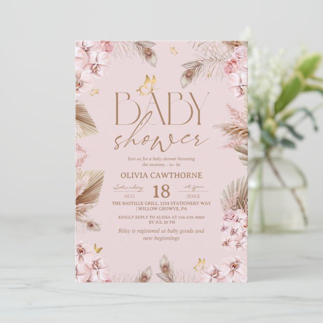  Boho Pampas Grass Baby Shower Invitation (Standing Front)