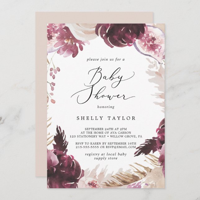 Boho Pampas Grass Baby Shower Invitation (Front/Back)