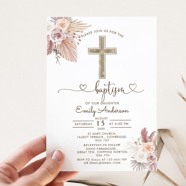 Boho Pampas Grass Baptism Christening  Invitation (Creator Uploaded)