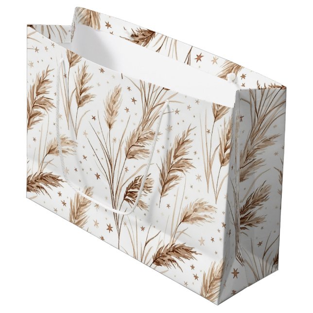 Boho Pampas Grass Beige Brown Star Pattern (1) Large Gift Bag (Front Angled)