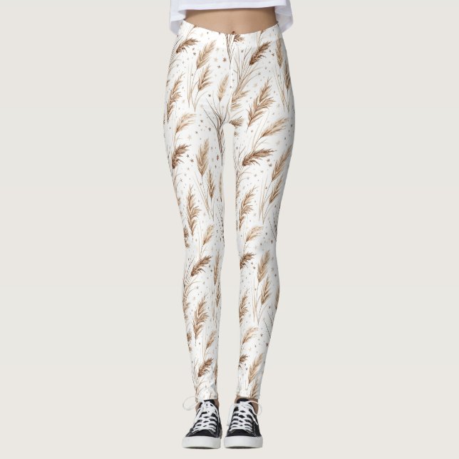 Boho Pampas Grass Beige Brown Star Pattern (1) Leggings (Front)
