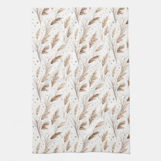 Boho Pampas Grass Beige Brown Star Pattern (1) Tea Towel (Vertical)