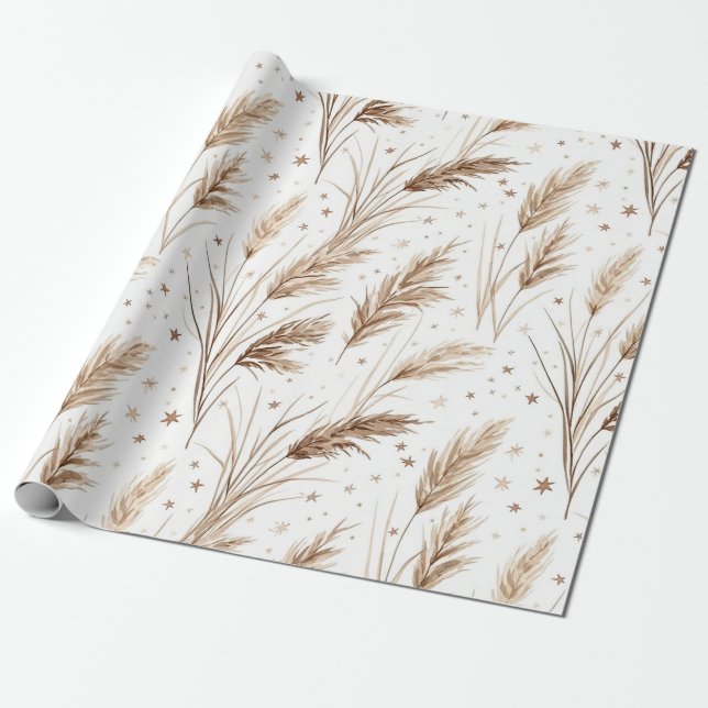 Boho Pampas Grass Beige Brown Star Pattern (1) Wrapping Paper (Unrolled)