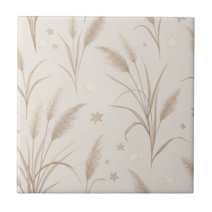 Boho Pampas Grass Beige Brown Star Pattern (2) Ceramic Tile