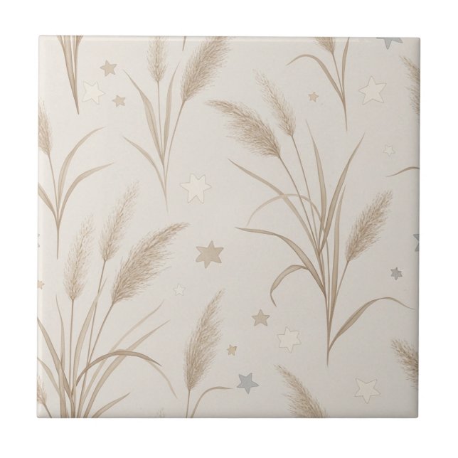 Boho Pampas Grass Beige Brown Star Pattern (2) Ceramic Tile (Front)