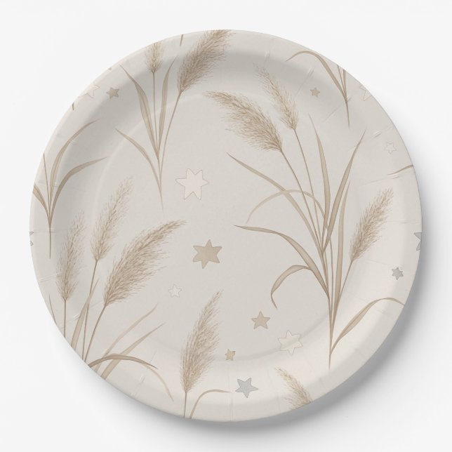 Boho Pampas Grass Beige Brown Star Pattern (2) Paper Plate (Front)