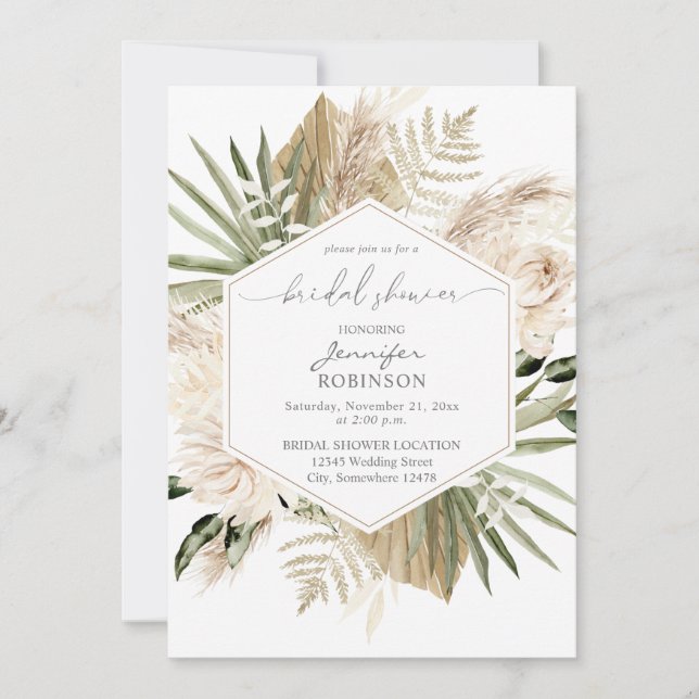 Boho Pampas Grass & Beige Floral Bridal Shower Invitation (Front)