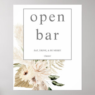 Boho Pampas Grass & Beige Floral Open Bar Sign 1