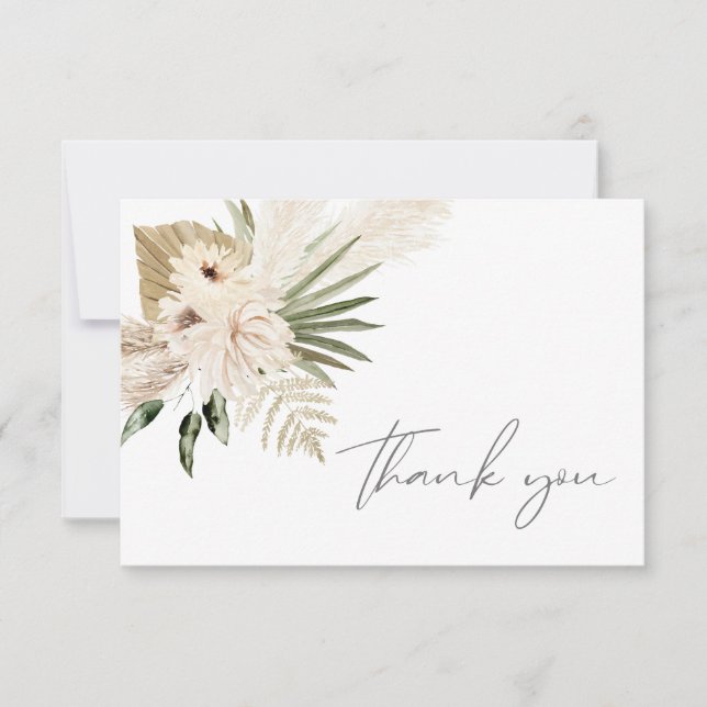 Boho Pampas Grass & Beige Floral Thank You Card (Front)