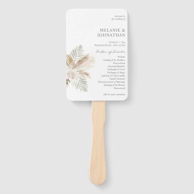 Boho Pampas Grass & Beige Wedding Ceremony Program Hand Fan (Front)