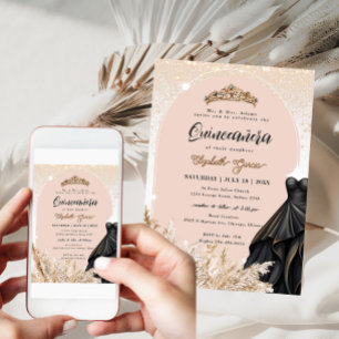 Boho Pampas Grass Black Dress Quinceanera Birthday Invitation