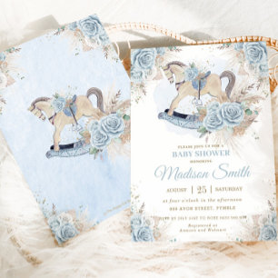 Boho Pampas Grass Blue Floral Rocking Horse Baby  Invitation