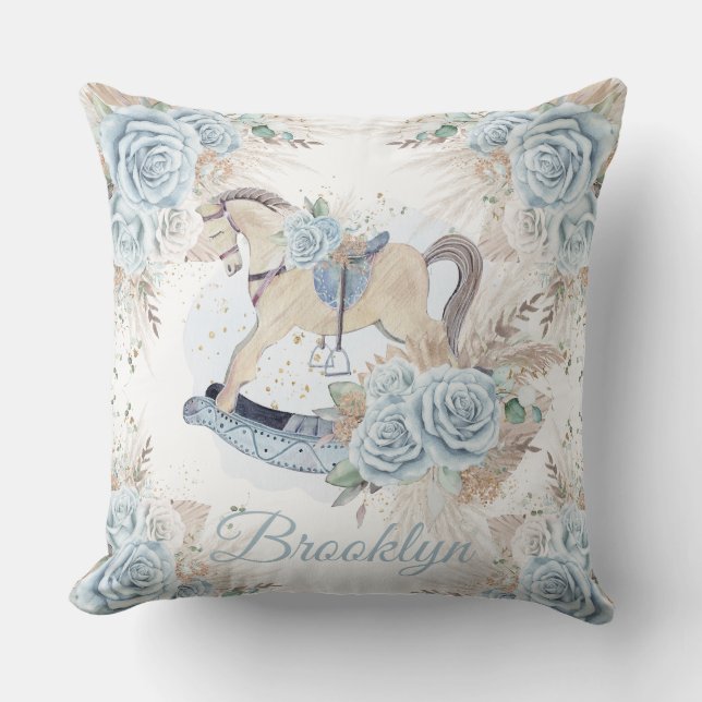 Boho Pampas Grass Blue Floral Rocking Horse Cushion (Front)