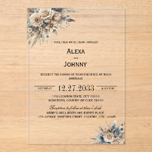 Boho Pampas Grass Blue Florals Elegant Acrylic Invitations