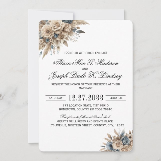 Boho Pampas Grass Blue Florals Elegant Invitation (Front)
