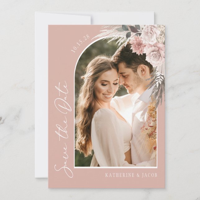 Boho Pampas Grass Blush Pink Photo Wedding Save The Date (Front)