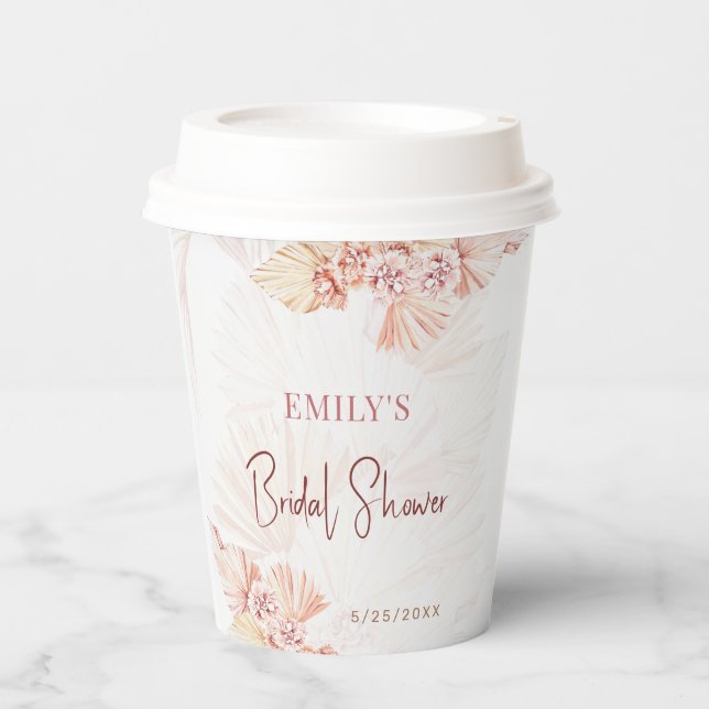 Boho Pampas Grass Bohemian Bridal Shower Coffee Paper Cups (Front)