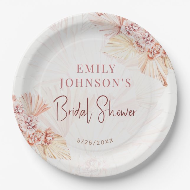 Boho Pampas Grass Bohemian Bridal Shower Table Paper Plate (Front)