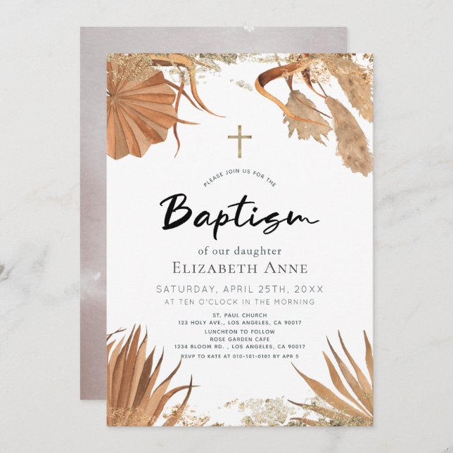 Boho Pampas Grass Botanical Baptism Invitation (Front/Back)