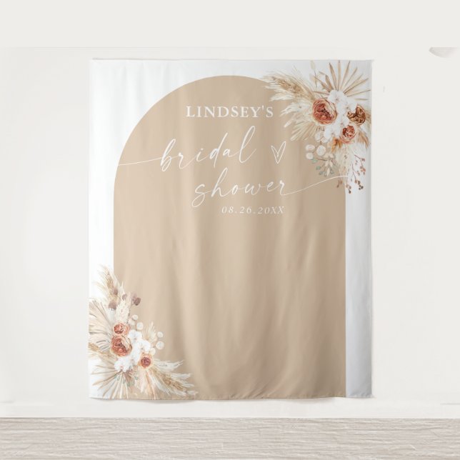 Boho Pampas Grass Bridal Shower Backdrop Tapestry  (Front)