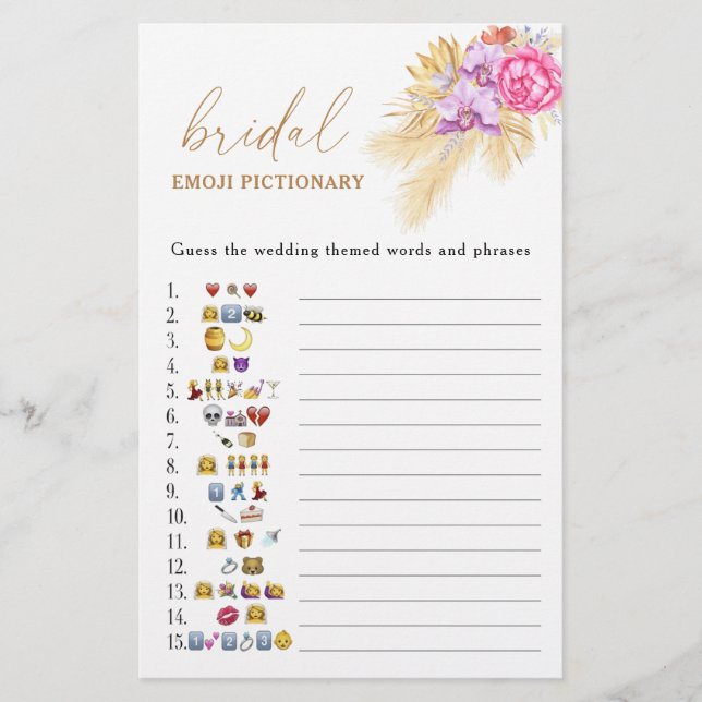 Boho pampas grass bridal shower emoji pictionary  (Front)