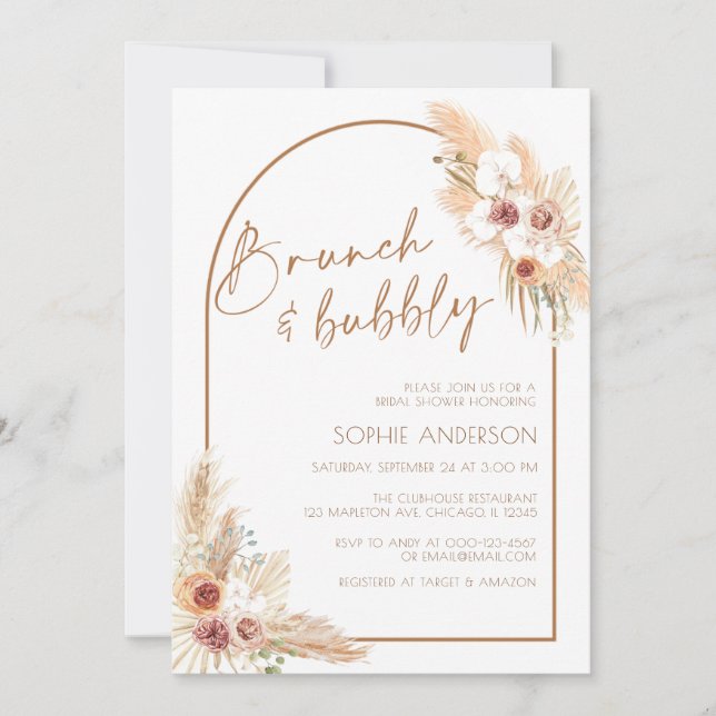 Boho Pampas Grass Brunch & Bubbly Bridal Shower Invitation (Front)