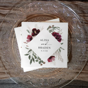 Boho Pampas Grass Burgundy Roses Wedding Napkin