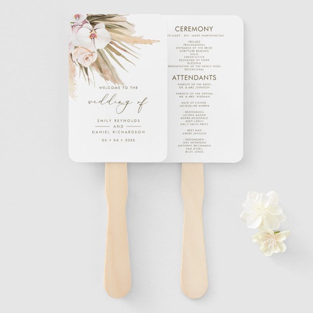 Boho Pampas Grass & Calligraphy Wedding Program Hand Fan (Front and Back)