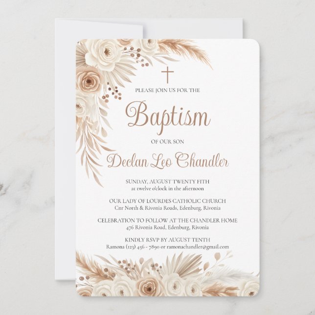 Boho Pampas Grass Catholic Baptism Invitation (Front)