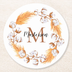 Boho Pampas Grass Cotton Wreath Monogram Round Paper Coaster