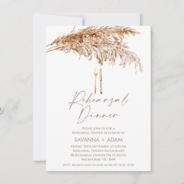 Boho Pampas Grass Cutlery Rehearsal Dinner Invitation (Front)