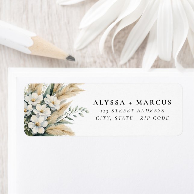 Boho Pampas Grass Daisies Couple Names Return Address Label (Insitu)