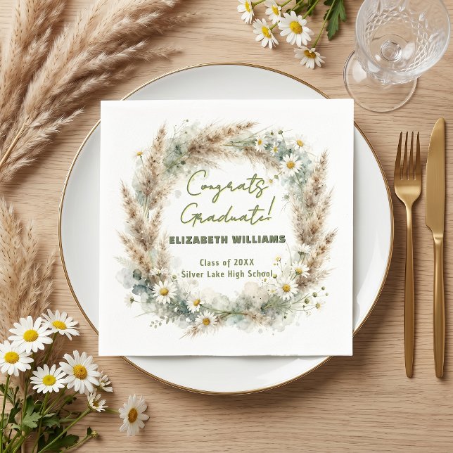 Boho Pampas Grass Daisy Watercolor Graduation Napkin (Creator Uploaded)