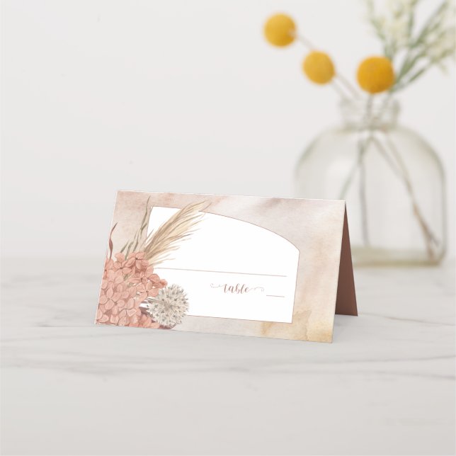 Boho Pampas Grass | Dried Blush Hydrangeas  Place  Card (Front)