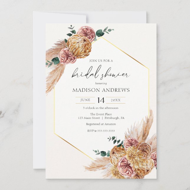 Boho Pampas Grass Dried Bouquet Bridal Shower Invitation (Front)