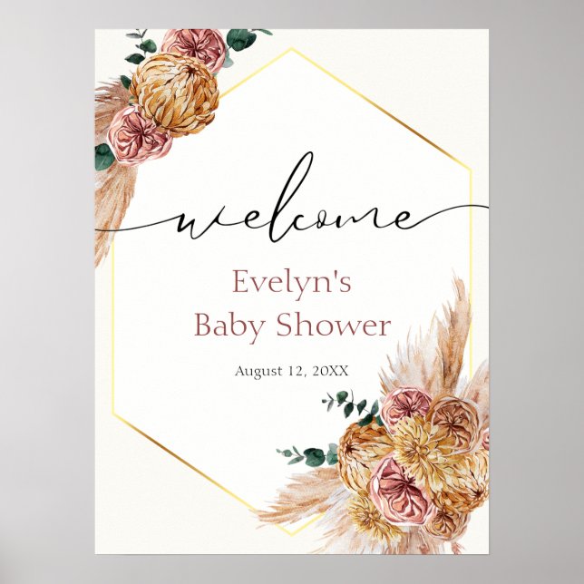 Boho Pampas Grass Dried Bouquet Shower Welcome Poster (Front)