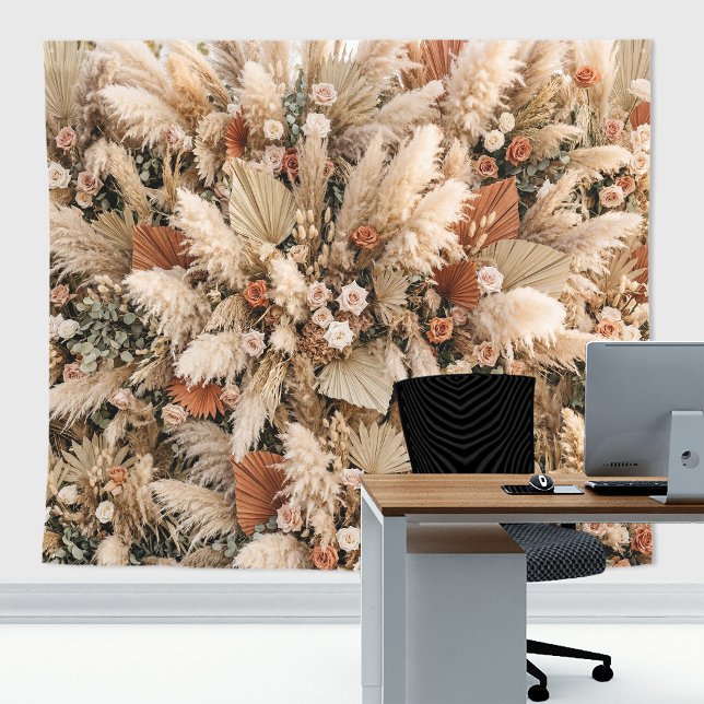 Boho Pampas Grass Dried Floral Wedding Backdrop Tapestry (Vintage boho Wedding and home office decor tapestry for photography backdrop or zoom calls.)